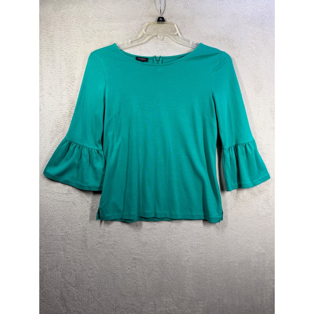 Talbots Bell Sleeve Top Womens Small Green 3/4 Ruffle Knit Cotton Shirt 5591